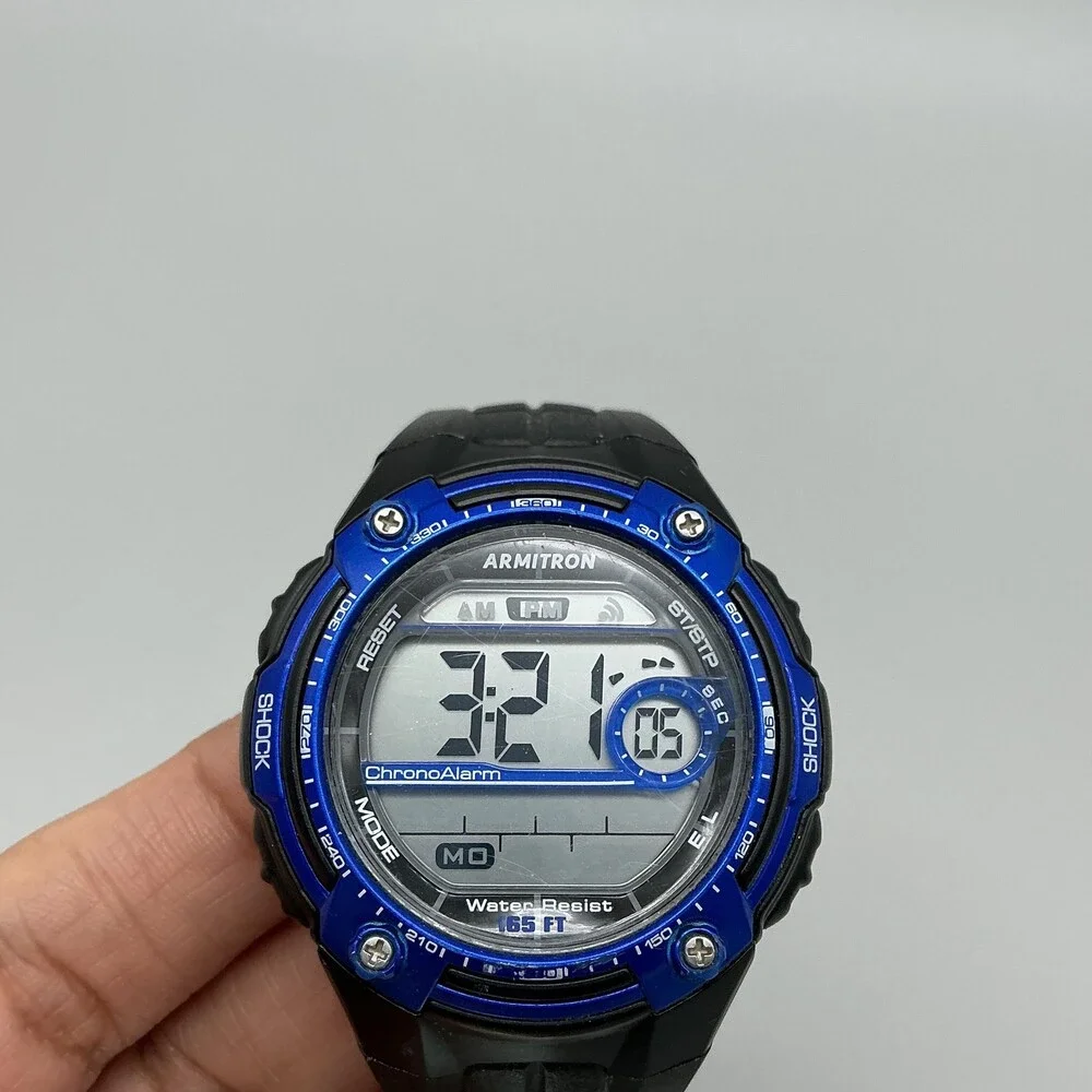 Armitron Pro Sport Mens Watch 45mm Digital Black Blue 165FT WR Day Date Chrono